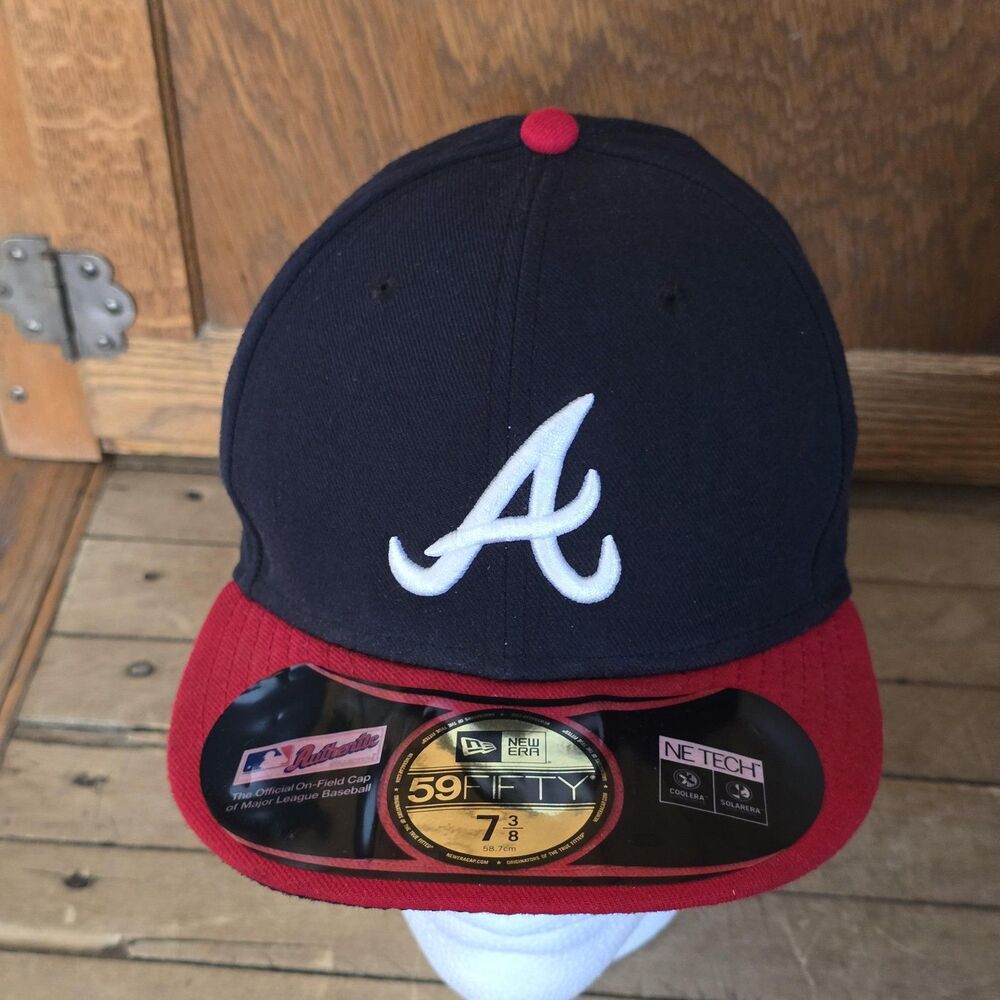 Atlanta Braves Hat Cap Fitted Mens 7 3/8 MLB Baseball Authentic Blue Red New Era
